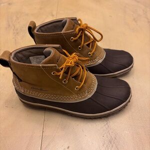 Eddie Bauer Hunt Pac Duck Boots Womens 7 Brown Leather Waterproof Rubber Ankle